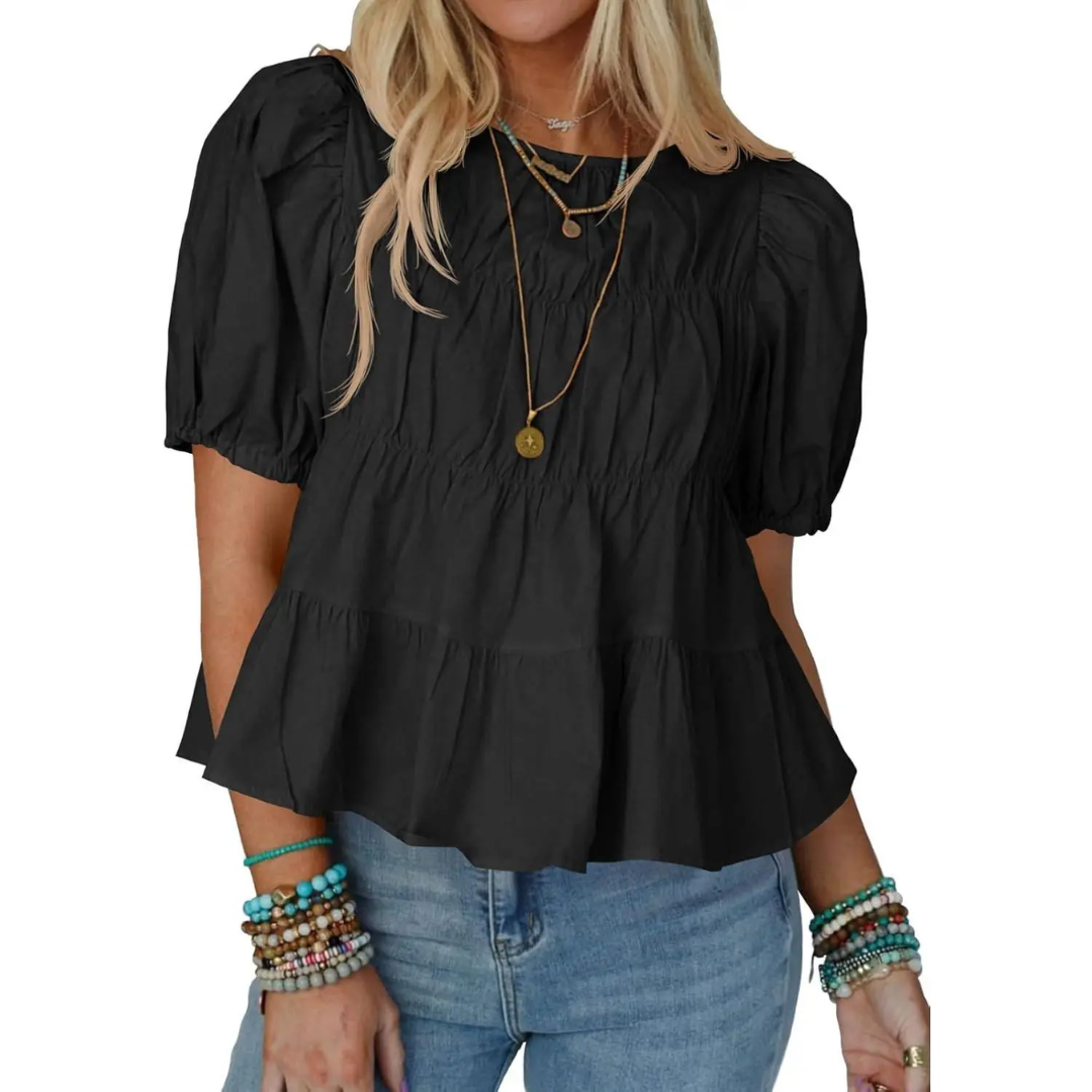 Helen| Puff Sleeve Pleated Babydoll Blouse